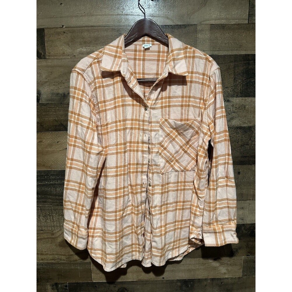 aerie womens Medium Plaid Orange Flannel Long Sleeve Button Down